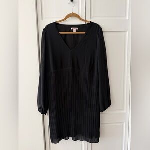 Joe Fresh+ 1X Black Pleated Midi Dress Sheer Sleeve V Neck Plus Size